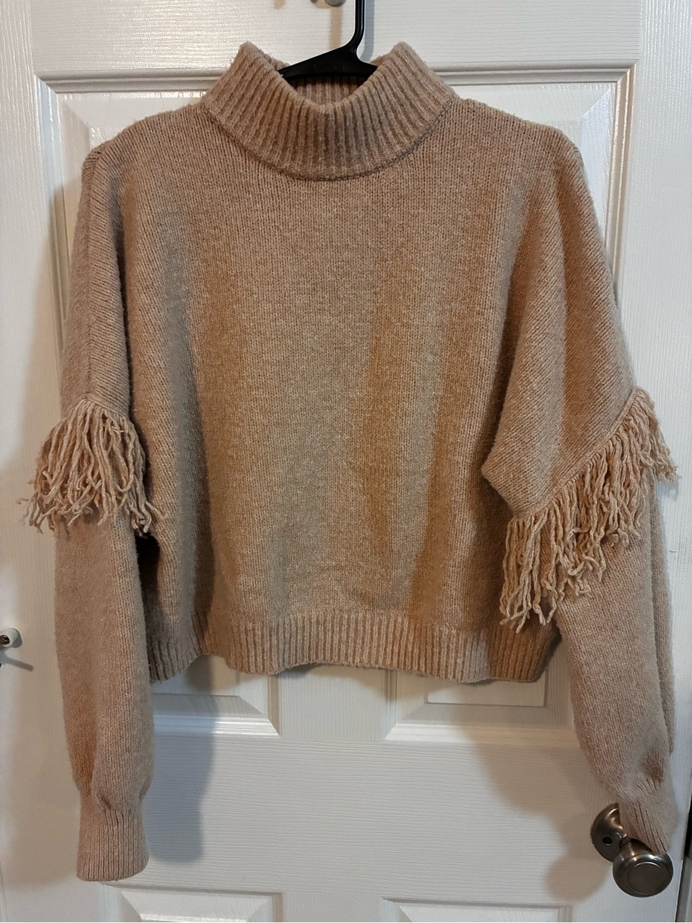 Fringe Sleeve Taupe Turtleneck Sweater